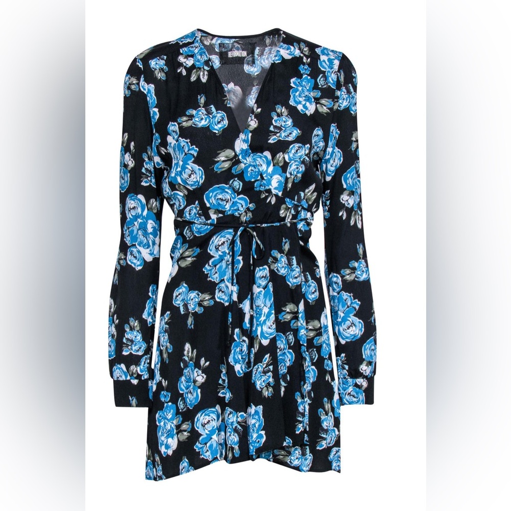 Reformation Black & Blue Rose Print Long Sleeve Wrap Dress, size Small